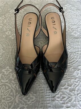 Unisa Black Patent Pointed Slingback Mules
